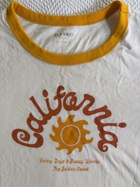 Old Navy White Tee with Yellow Ringer and Orange Retro Sun Graphic